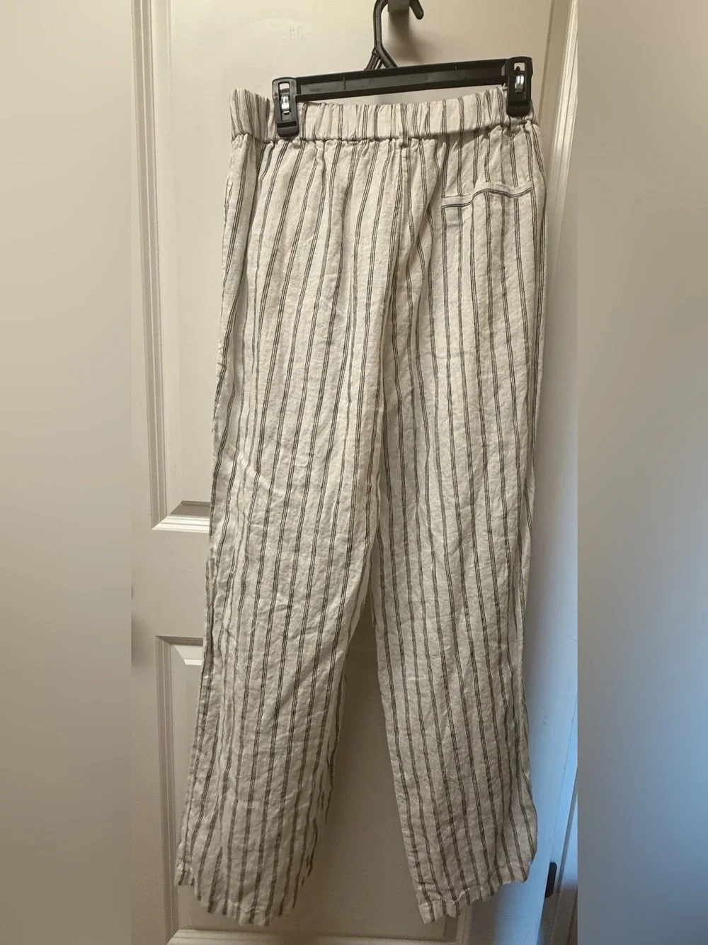 Quince 100% European Linen Pleated Trousers Oatmeal Black Stripe Size 10